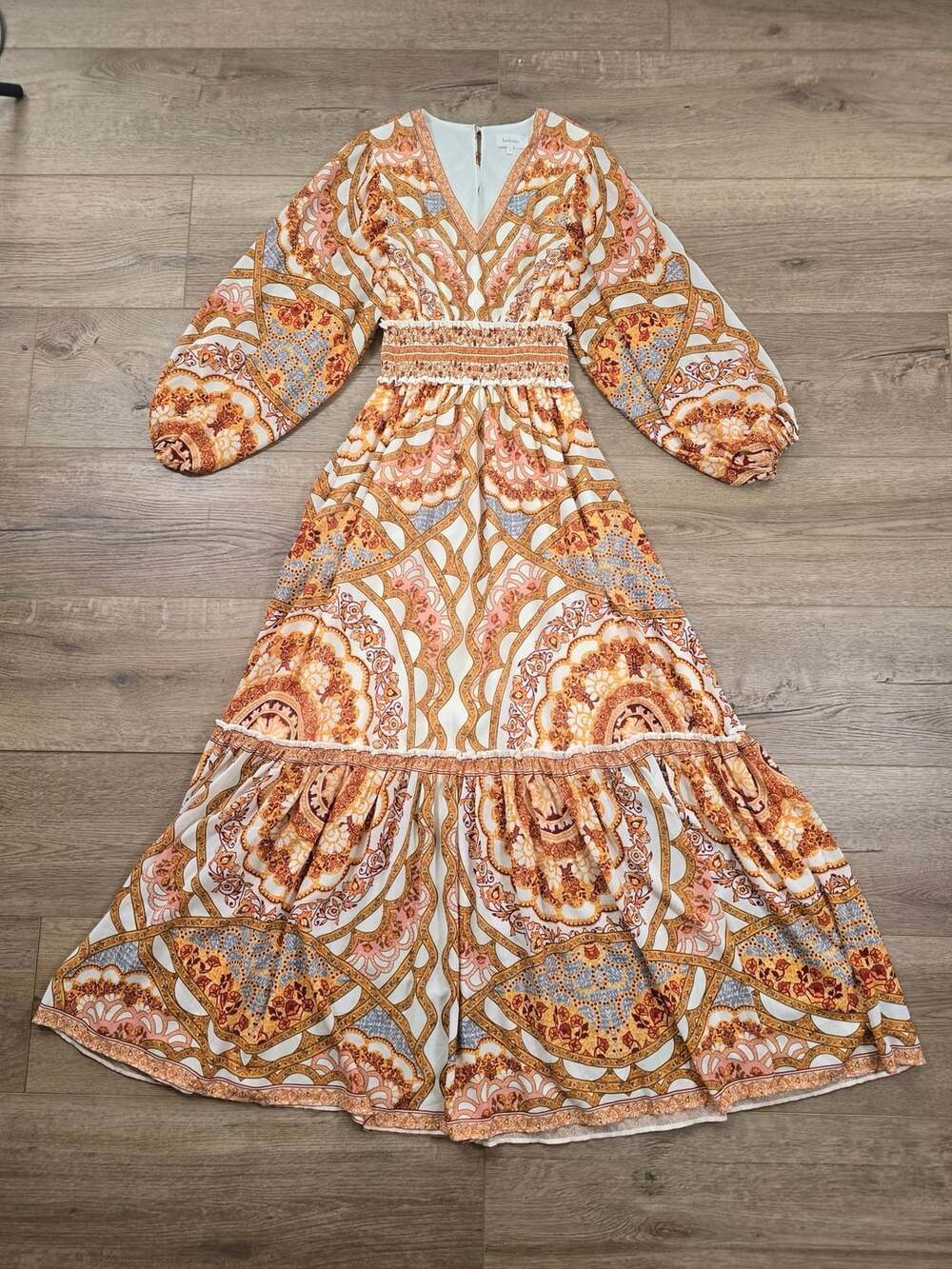 Bohme Orange Paisley Smocked Maxi Dress Long Balloon Sleeve Boho Small - Picture 2 of 13